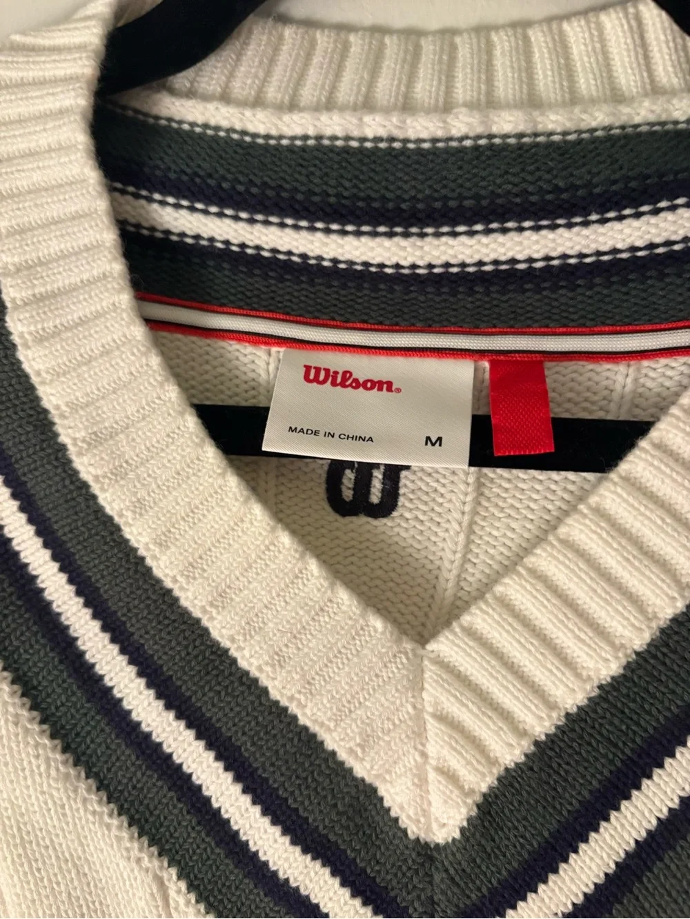Wilson Cream Cable-Knit V-Neck Sweater with Navy Trim